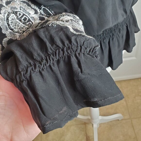 Vintage Cache Blouse Womens Small Silk Black Silver Embroidery Peplum 3/4 Sleeve - Picture 10 of 15